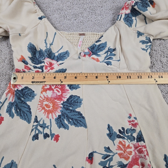 Free People Francesca Mini Dress Babydoll V Neck Puff Sleeves Cream Floral Boho - Picture 6 of 11